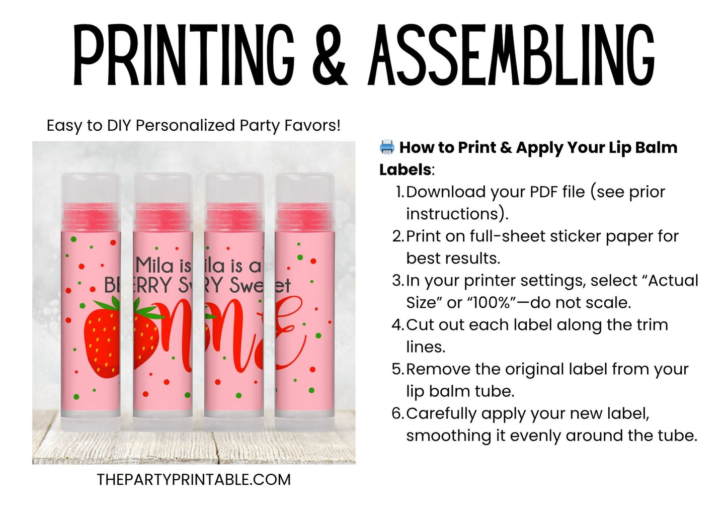 A Berry Sweet One First Birthday Favors Lip Balm Label TEMPLATE | Strawberry Theme Printable | Girl 1st Birthday Party Stickers 4029