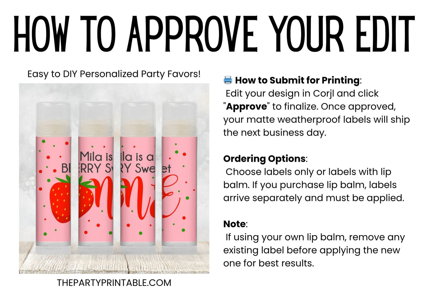 A Berry Sweet One First Birthday Favors Lip Balm | PRINTED Strawberry Labels or Lip Balm Favors | Girl 1st Birthday Party Guest Gifts 4029