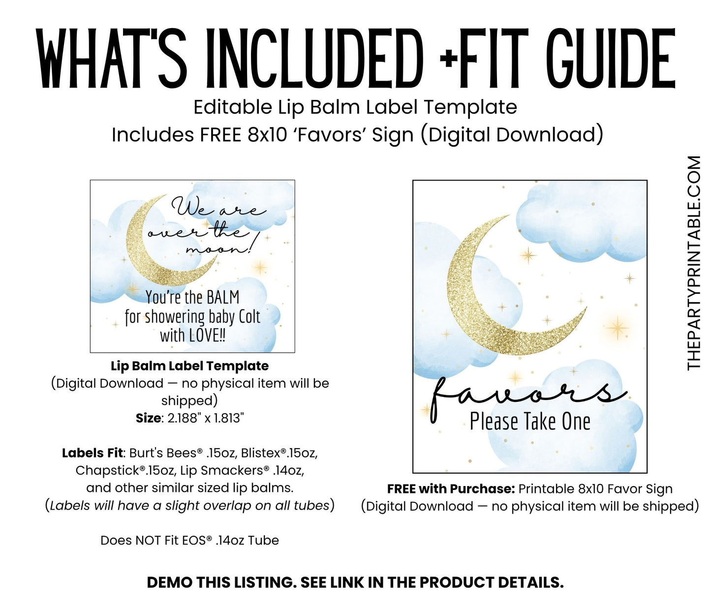 Over the Moon Baby Shower Favors Lip Balm Label TEMPLATE | Blue Celestial Moon and Stars Theme | Boy Baby Shower Printable Stickers 4032