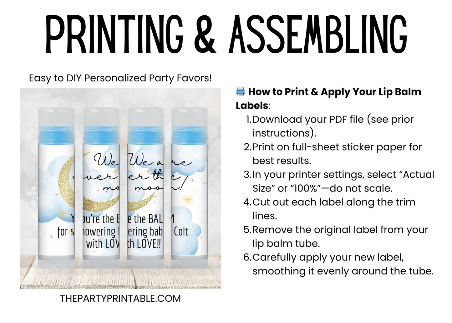Over the Moon Baby Shower Favors Lip Balm Label TEMPLATE | Blue Celestial Moon and Stars Theme | Boy Baby Shower Printable Stickers 4032