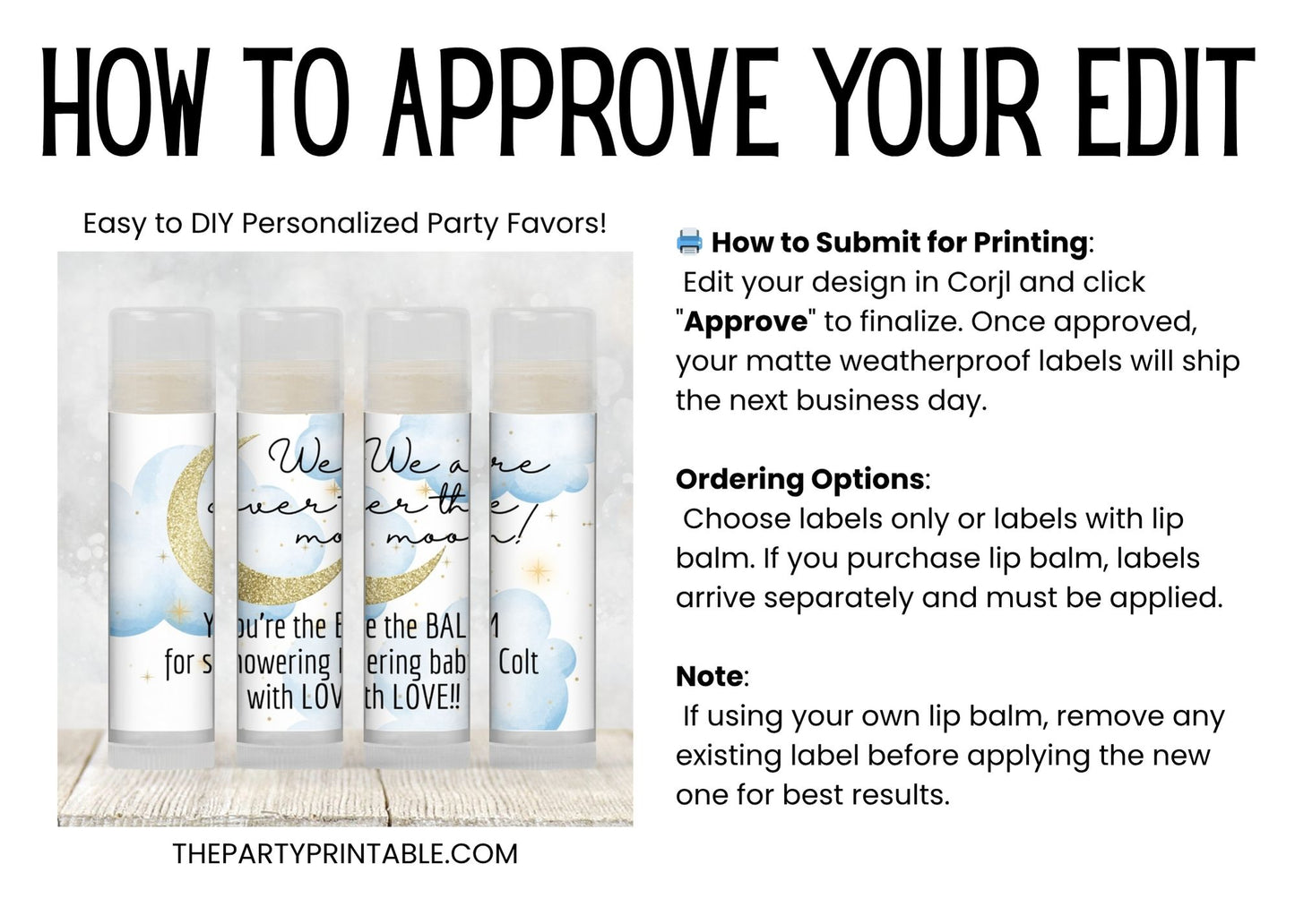 Over the Moon Baby Shower Favors Lip Balm | PRINTED Moon and Stars Label or Lip Balm Favor | Blue Celestial Boy Baby Shower Guest Gifts 4032