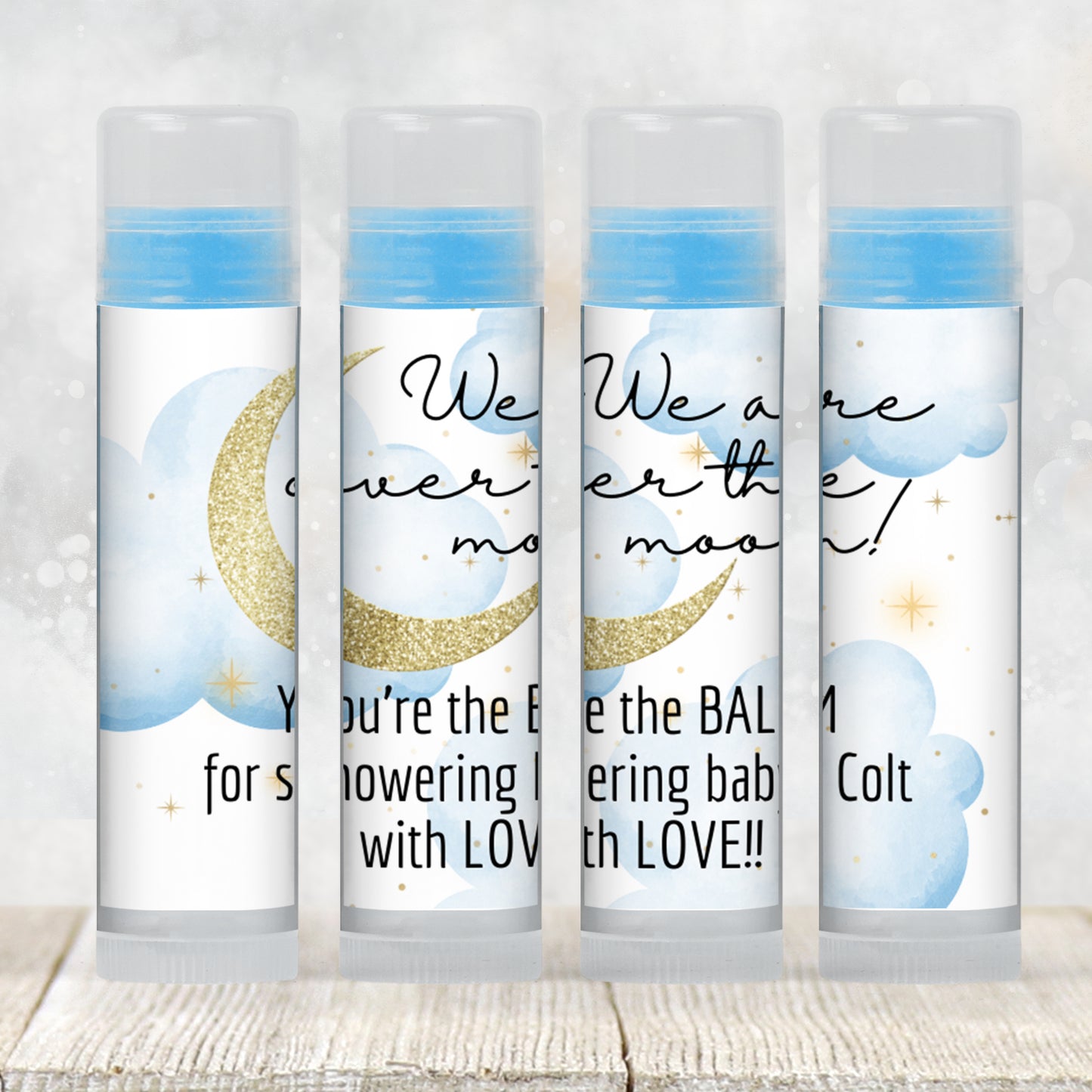 Over the Moon Baby Shower Favors Lip Balm Label TEMPLATE | Blue Celestial Moon and Stars Theme | Boy Baby Shower Printable Stickers 4032