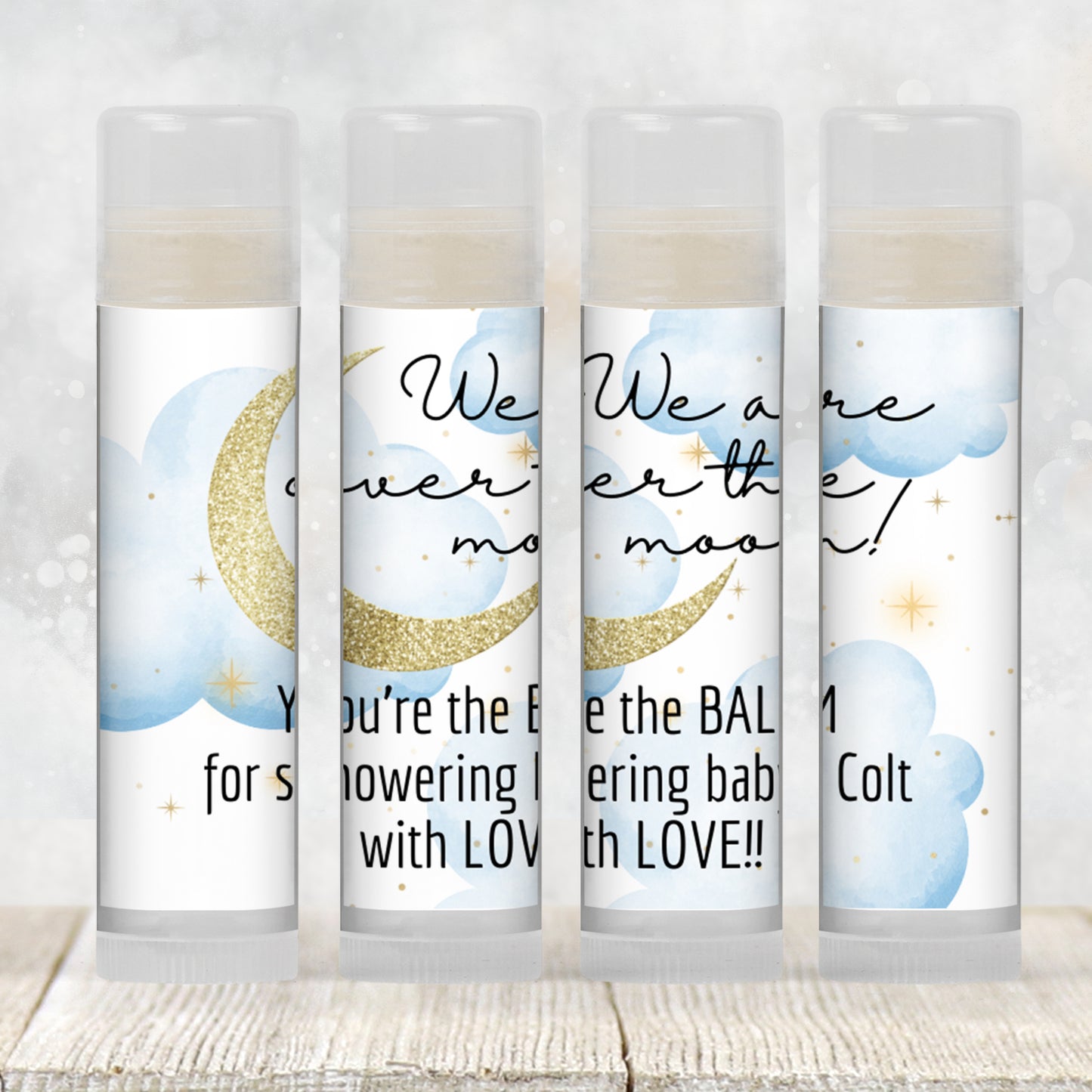 Over the Moon Baby Shower Favors Lip Balm | PRINTED Moon and Stars Label or Lip Balm Favor | Blue Celestial Boy Baby Shower Guest Gifts 4032