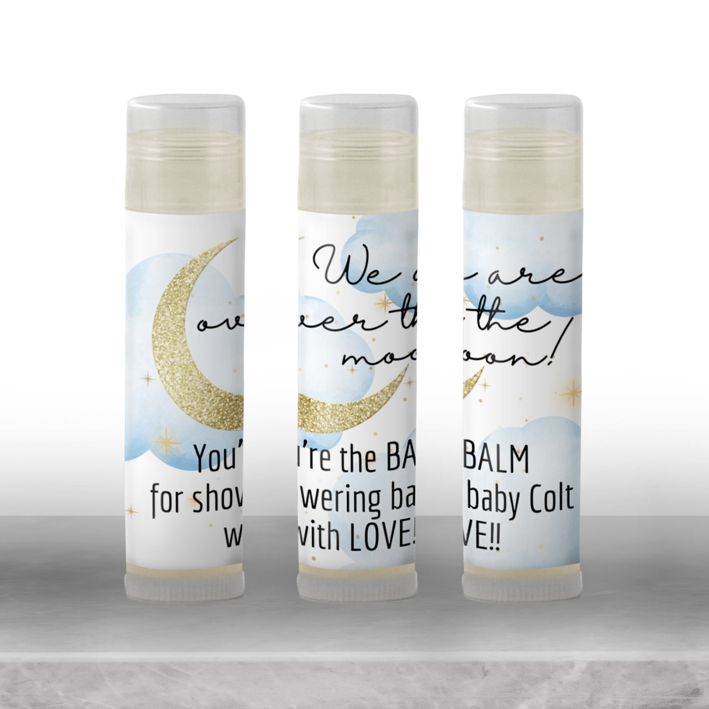 Over the Moon Baby Shower Favors Lip Balm | PRINTED Moon and Stars Label or Lip Balm Favor | Blue Celestial Boy Baby Shower Guest Gifts 4032