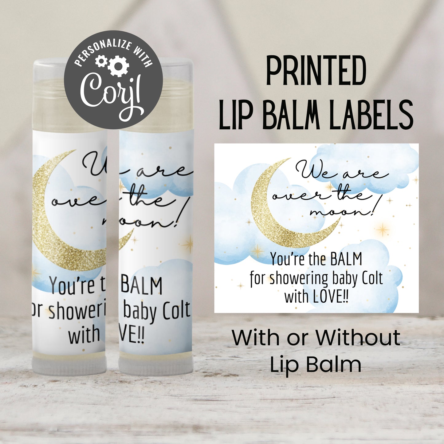 Over the Moon Baby Shower Favors Lip Balm | PRINTED Moon and Stars Label or Lip Balm Favor | Blue Celestial Boy Baby Shower Guest Gifts 4032