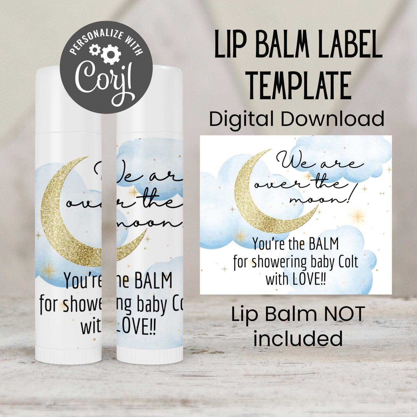 Over the Moon Baby Shower Favors Lip Balm Label TEMPLATE | Blue Celestial Moon and Stars Theme | Boy Baby Shower Printable Stickers 4032
