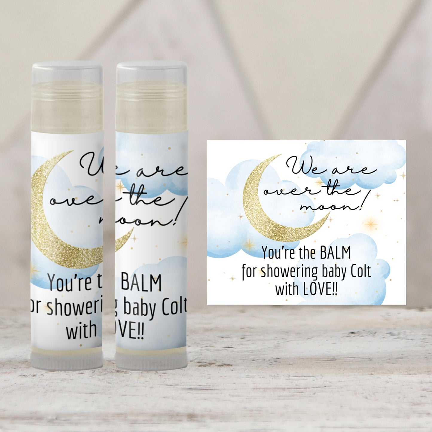 Over the Moon Baby Shower Favors Lip Balm | PRINTED Moon and Stars Label or Lip Balm Favor | Blue Celestial Boy Baby Shower Guest Gifts 4032