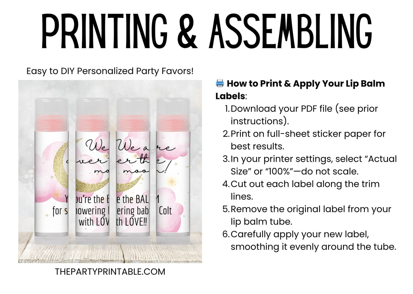 Pink Over the Moon Baby Shower Favor Lip Balm Label TEMPLATE | Editable Girl Celestial Theme | Printable Stars and Moon Party Sticker 4032