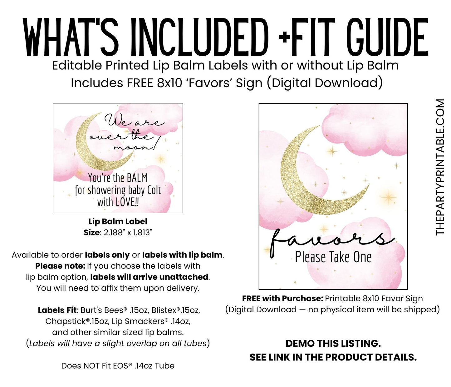 Pink Over the Moon Baby Shower Favors PRINTED Lip Balm Labels or Lip Balm | Girl Celestial Theme | Stars and Moon Party Guest Gift 4032