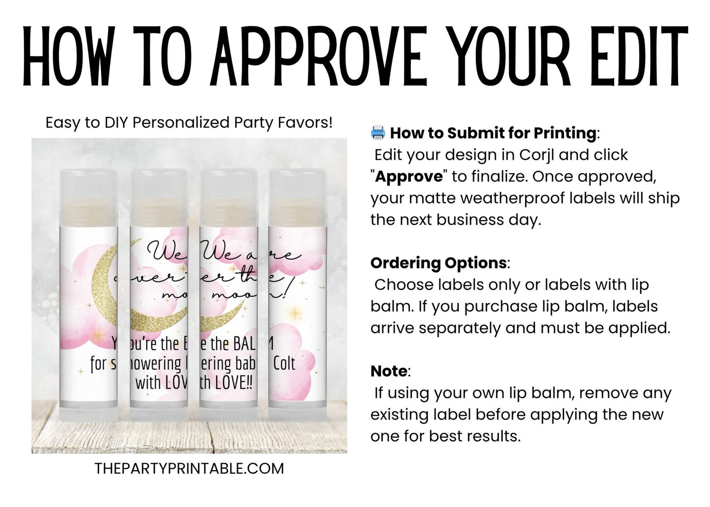 Pink Over the Moon Baby Shower Favors PRINTED Lip Balm Labels or Lip Balm | Girl Celestial Theme | Stars and Moon Party Guest Gift 4032