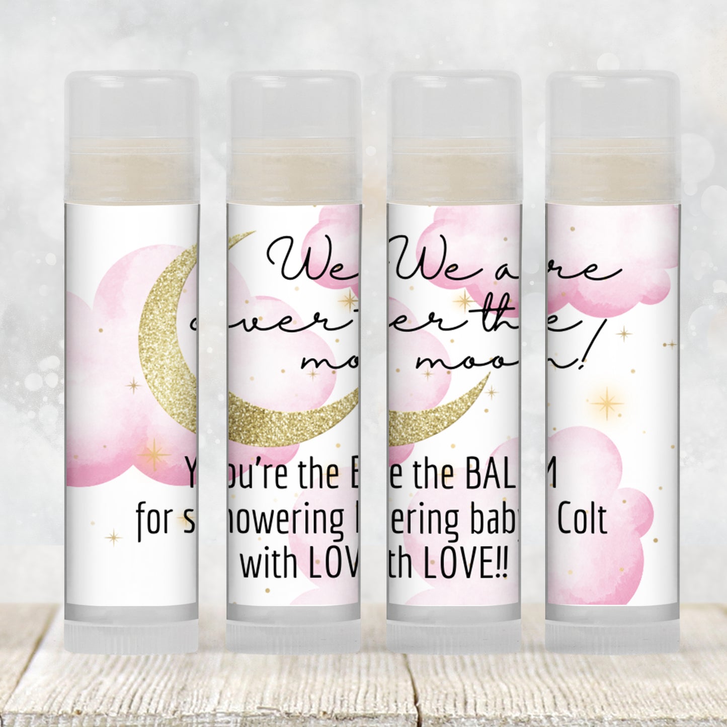 Pink Over the Moon Baby Shower Favors PRINTED Lip Balm Labels or Lip Balm | Girl Celestial Theme | Stars and Moon Party Guest Gift 4032