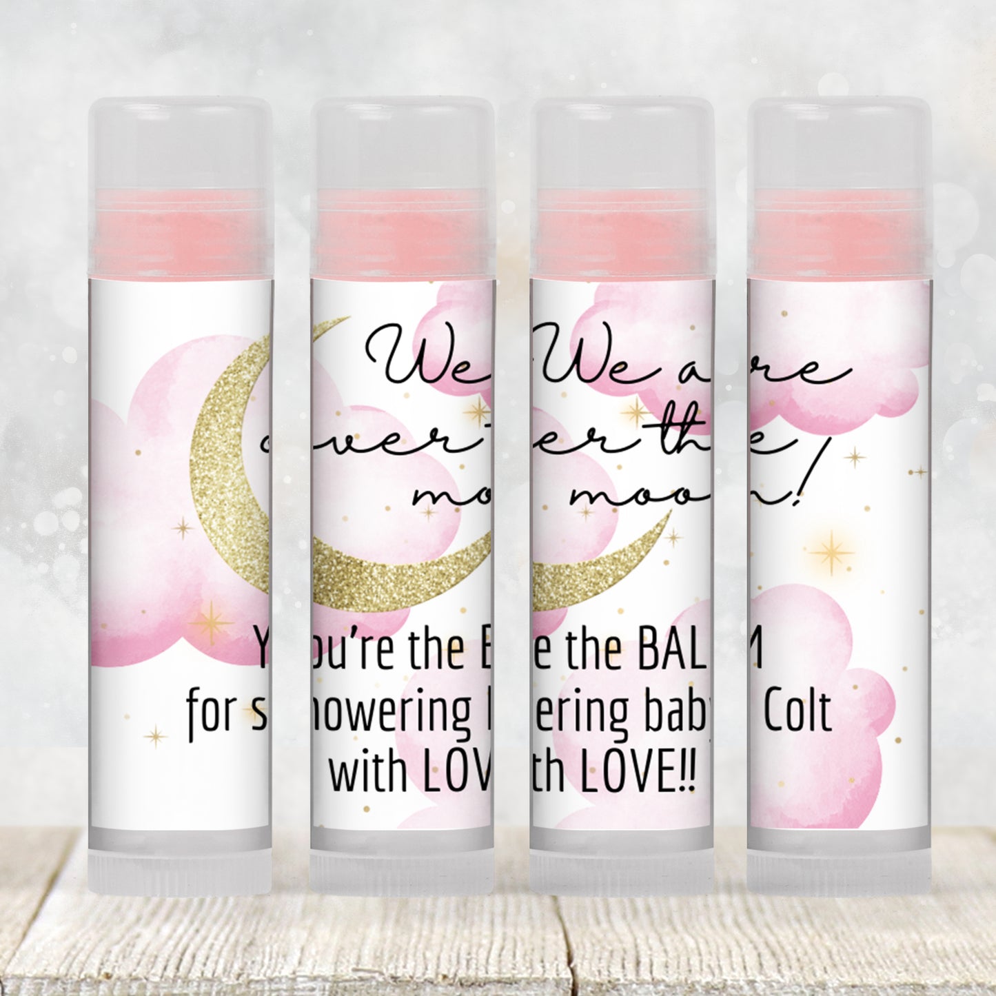 Pink Over the Moon Baby Shower Favor Lip Balm Label TEMPLATE | Editable Girl Celestial Theme | Printable Stars and Moon Party Sticker 4032