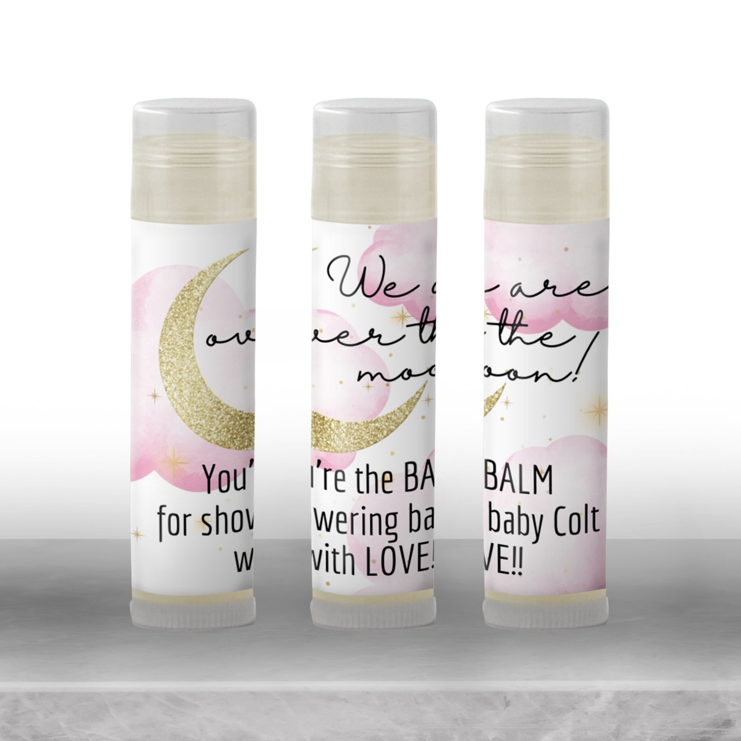 Pink Over the Moon Baby Shower Favor Lip Balm Label TEMPLATE | Editable Girl Celestial Theme | Printable Stars and Moon Party Sticker 4032