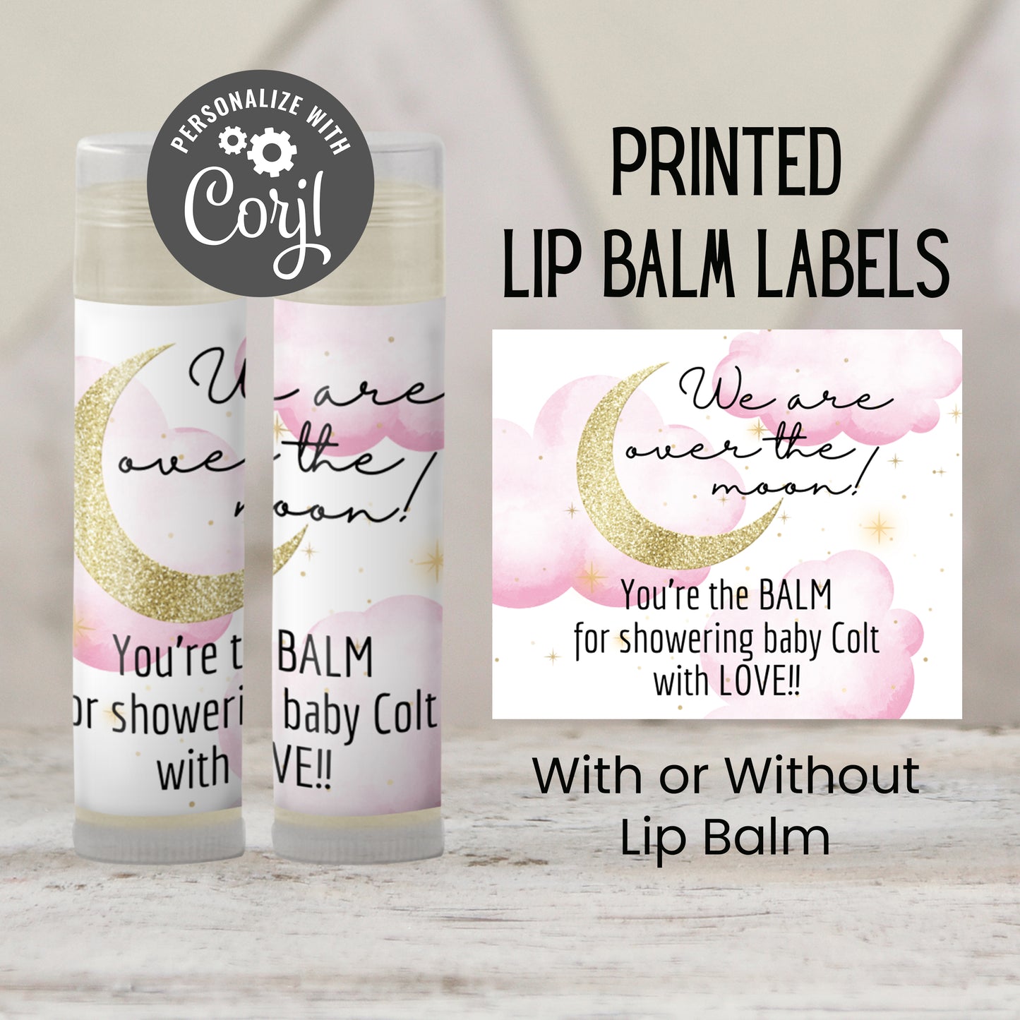 Pink Over the Moon Baby Shower Favors PRINTED Lip Balm Labels or Lip Balm | Girl Celestial Theme | Stars and Moon Party Guest Gift 4032