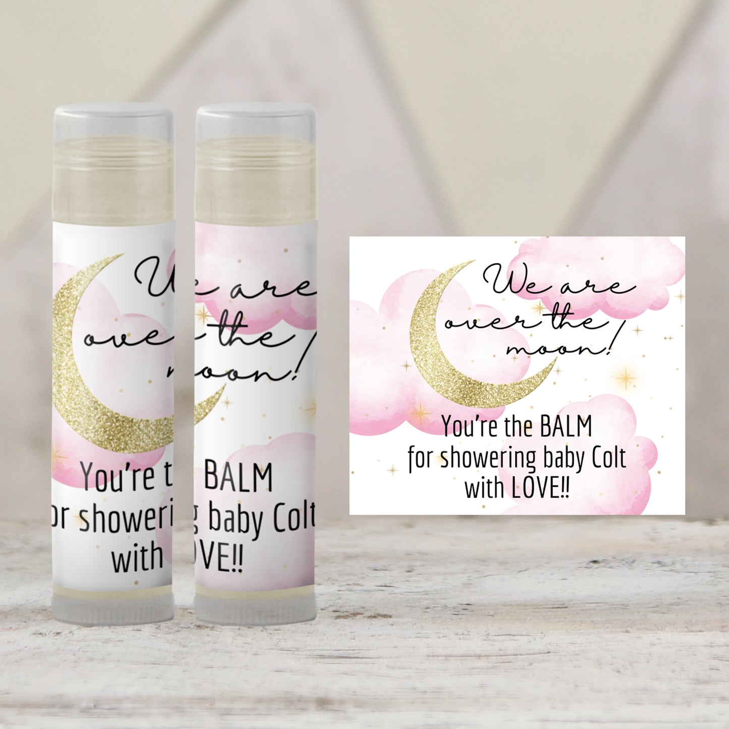 Pink Over the Moon Baby Shower Favor Lip Balm Label TEMPLATE | Editable Girl Celestial Theme | Printable Stars and Moon Party Sticker 4032