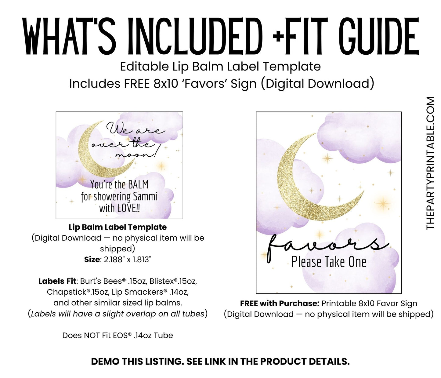 Over the Moon Baby Shower Lip Balm Label TEMPLATE | Purple Stars Girl Baby Shower Favor | Editable Celestial Chapstick Party Printable 4032