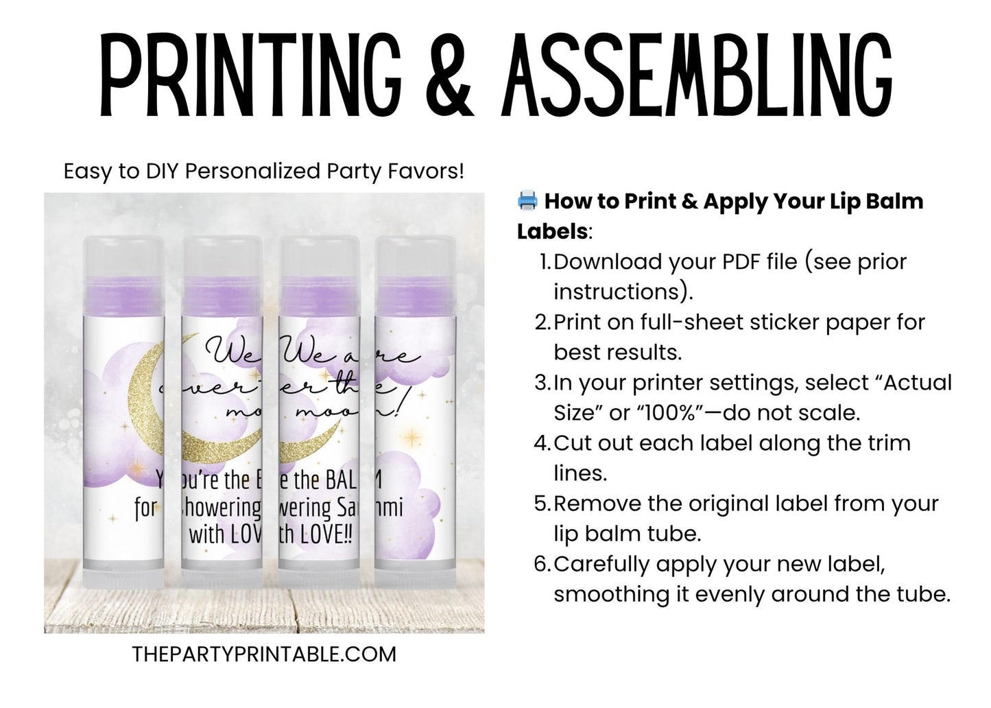 Over the Moon Baby Shower Lip Balm Label TEMPLATE | Purple Stars Girl Baby Shower Favor | Editable Celestial Chapstick Party Printable 4032