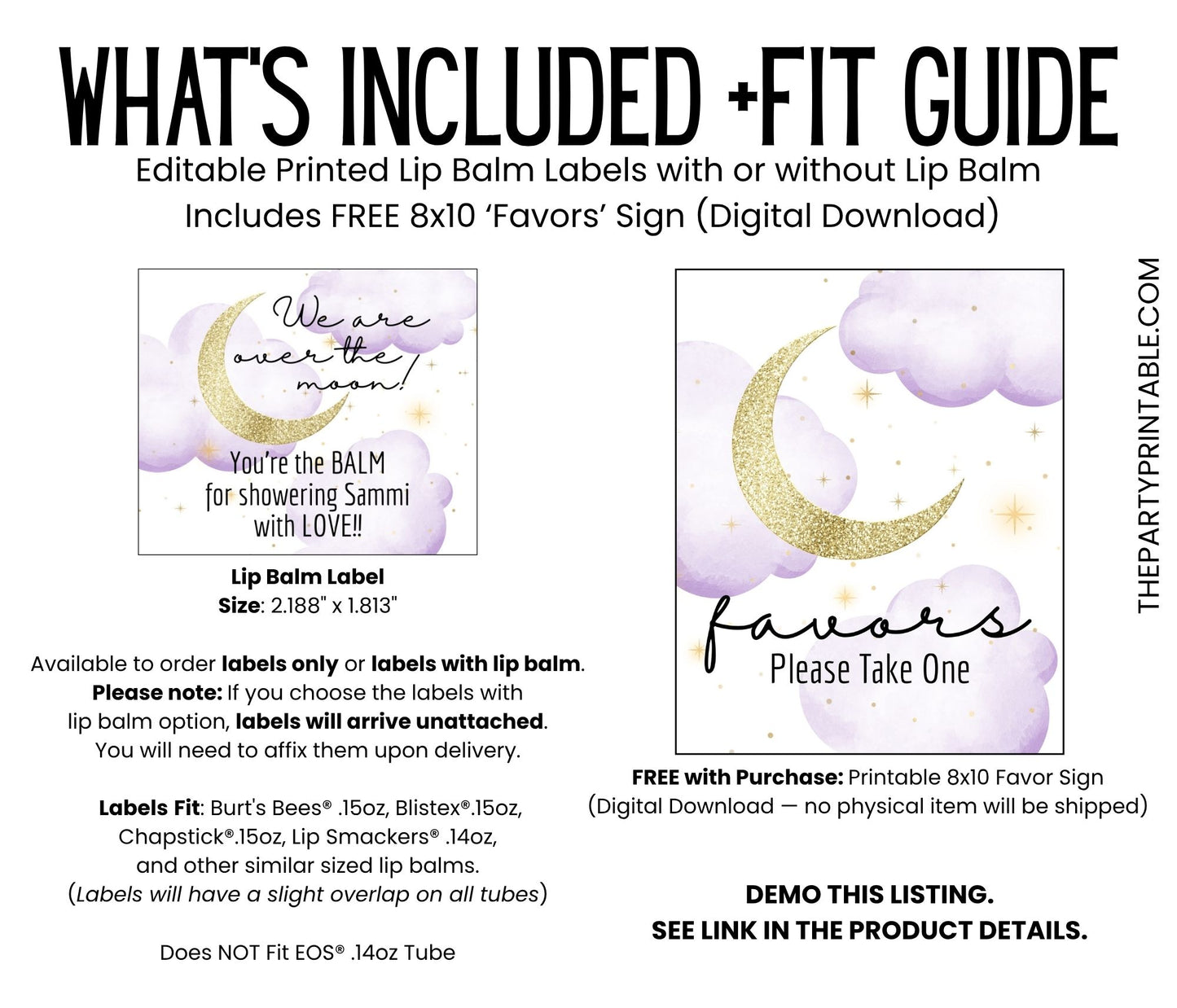 Purple Over the Moon Baby Shower Favors PRINTED Lip Balm Labels or Lip Balm | Girl Celestial Theme | Starry Night Party Guest Gift 4032
