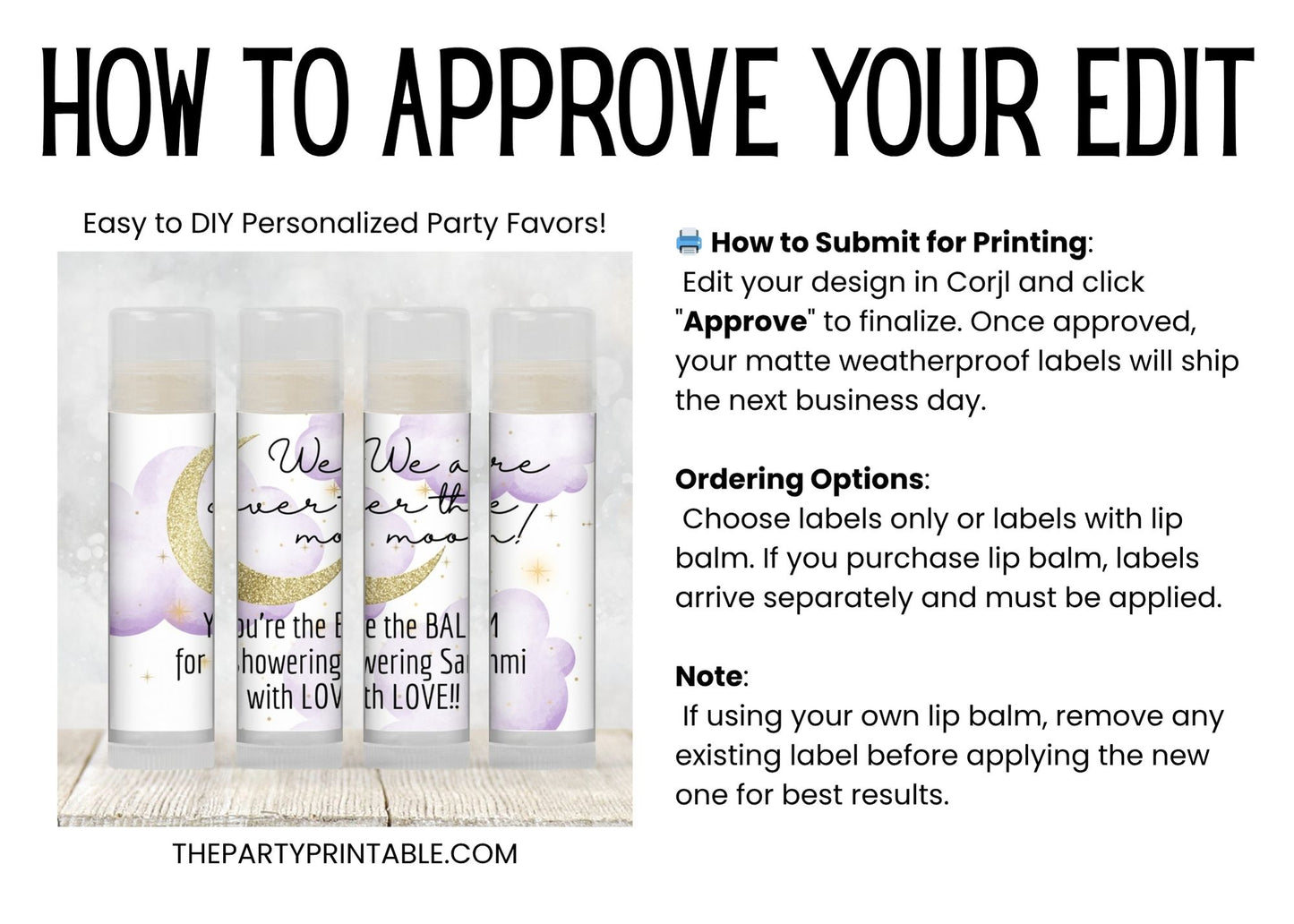 Purple Over the Moon Baby Shower Favors PRINTED Lip Balm Labels or Lip Balm | Girl Celestial Theme | Starry Night Party Guest Gift 4032