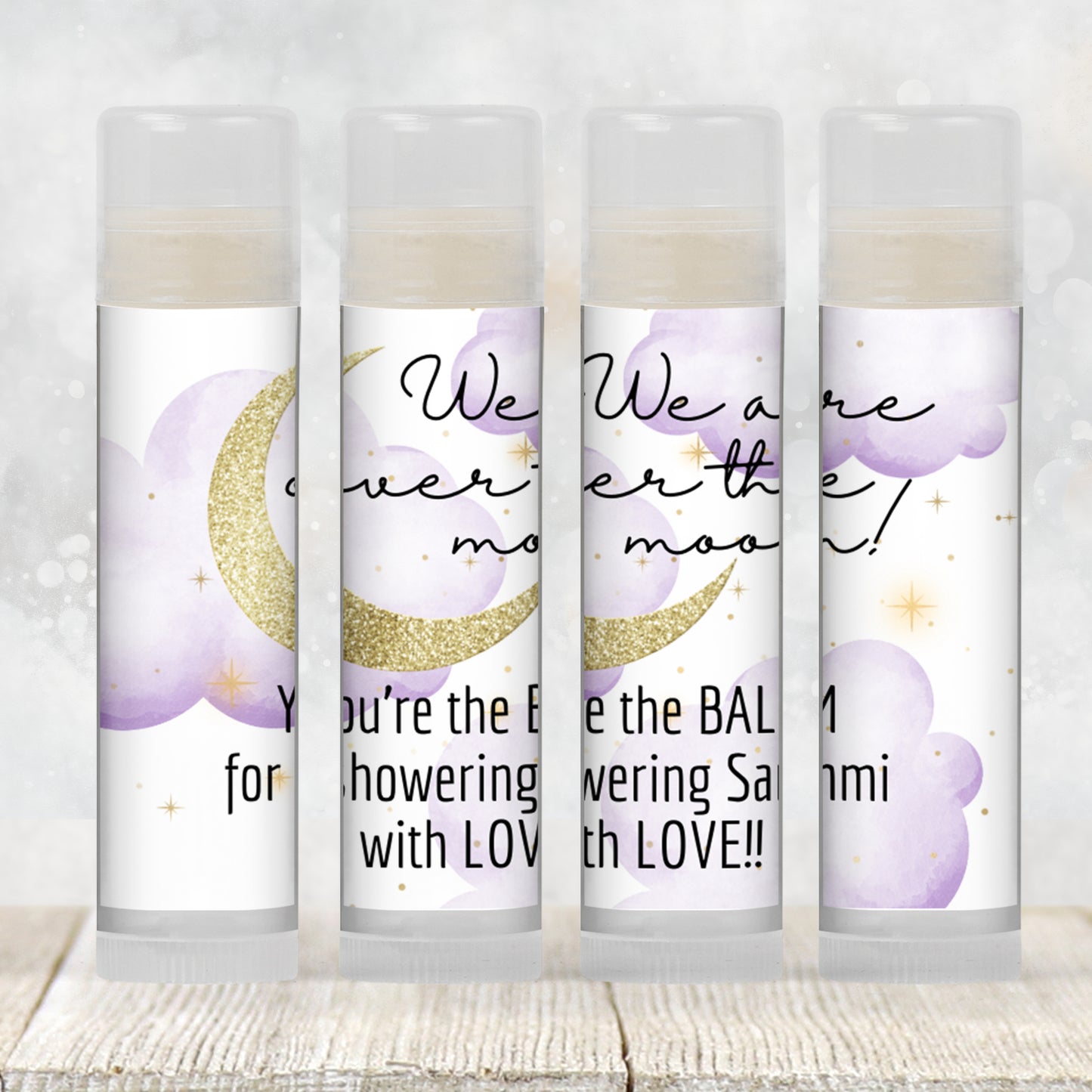 Purple Over the Moon Baby Shower Favors PRINTED Lip Balm Labels or Lip Balm | Girl Celestial Theme | Starry Night Party Guest Gift 4032