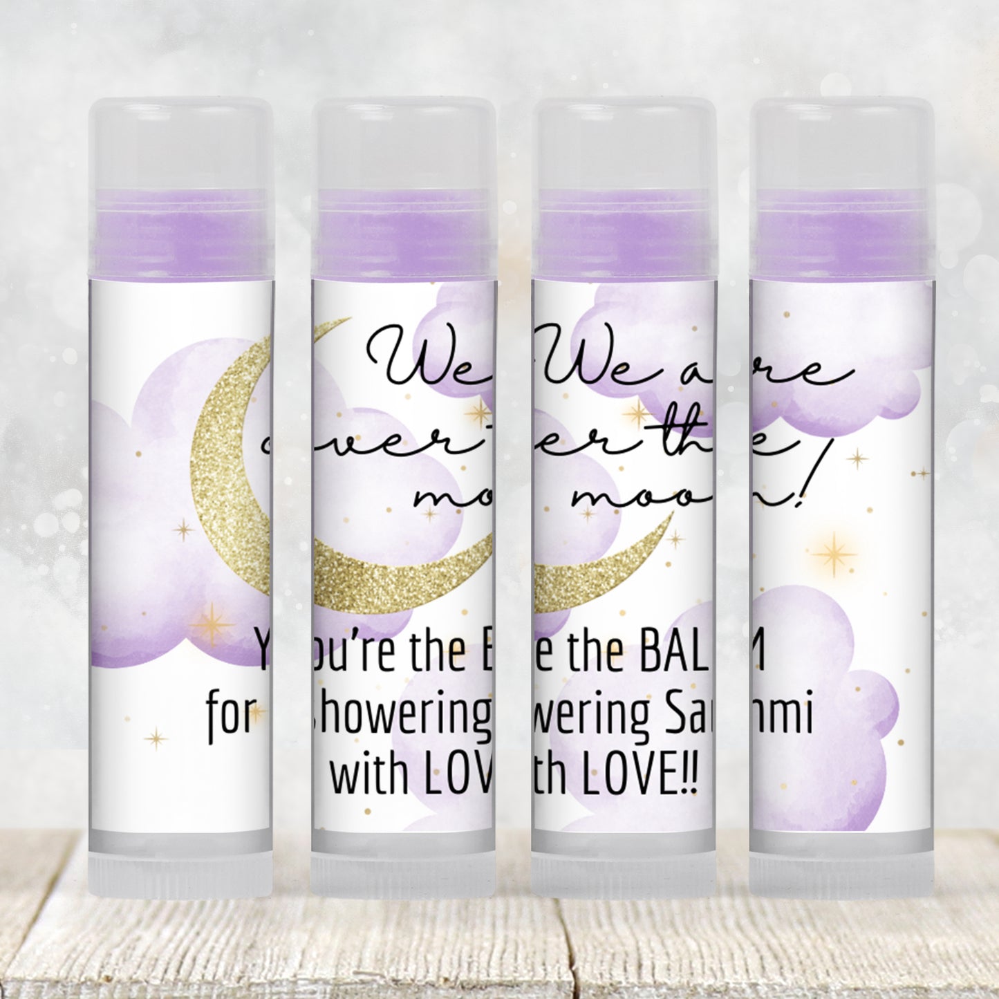 Over the Moon Baby Shower Lip Balm Label TEMPLATE | Purple Stars Girl Baby Shower Favor | Editable Celestial Chapstick Party Printable 4032
