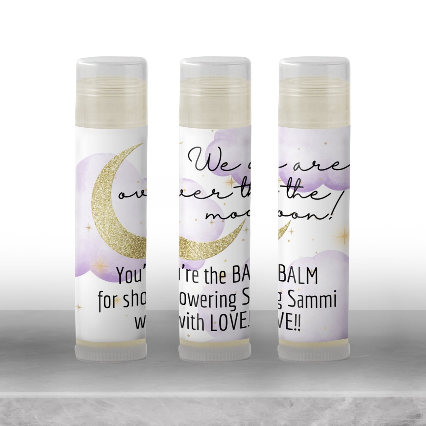 Over the Moon Baby Shower Lip Balm Label TEMPLATE | Purple Stars Girl Baby Shower Favor | Editable Celestial Chapstick Party Printable 4032