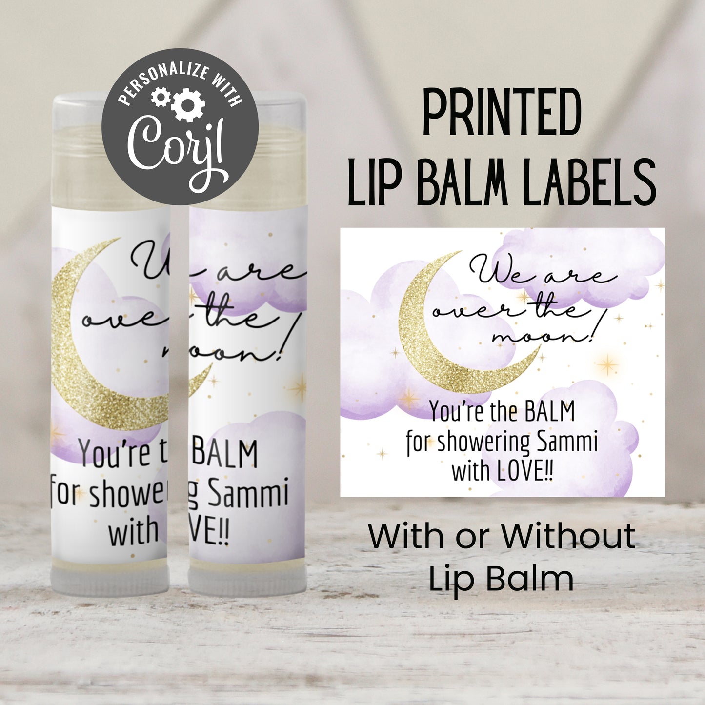 Purple Over the Moon Baby Shower Favors PRINTED Lip Balm Labels or Lip Balm | Girl Celestial Theme | Starry Night Party Guest Gift 4032