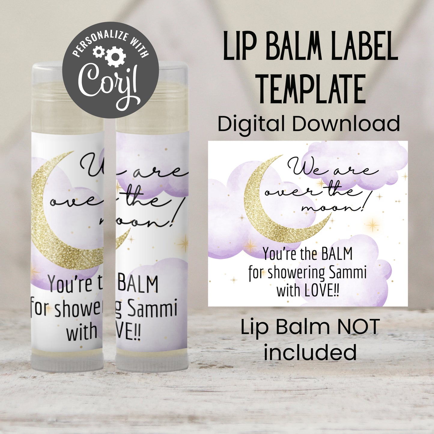 Over the Moon Baby Shower Lip Balm Label TEMPLATE | Purple Stars Girl Baby Shower Favor | Editable Celestial Chapstick Party Printable 4032