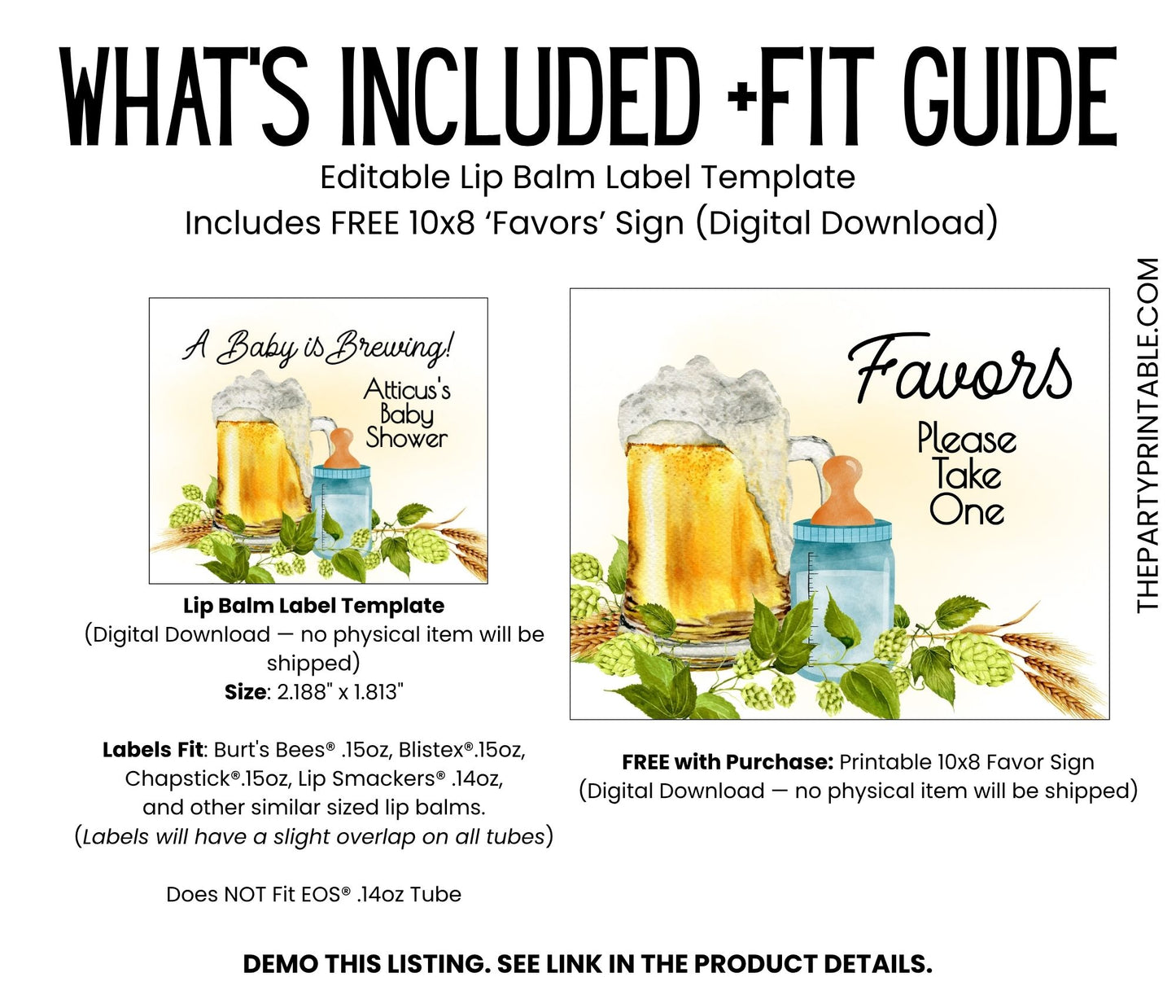 Baby Is Brewing Lip Balm Label Template: Beer Theme Boy Baby Shower Favor (Digital Download)