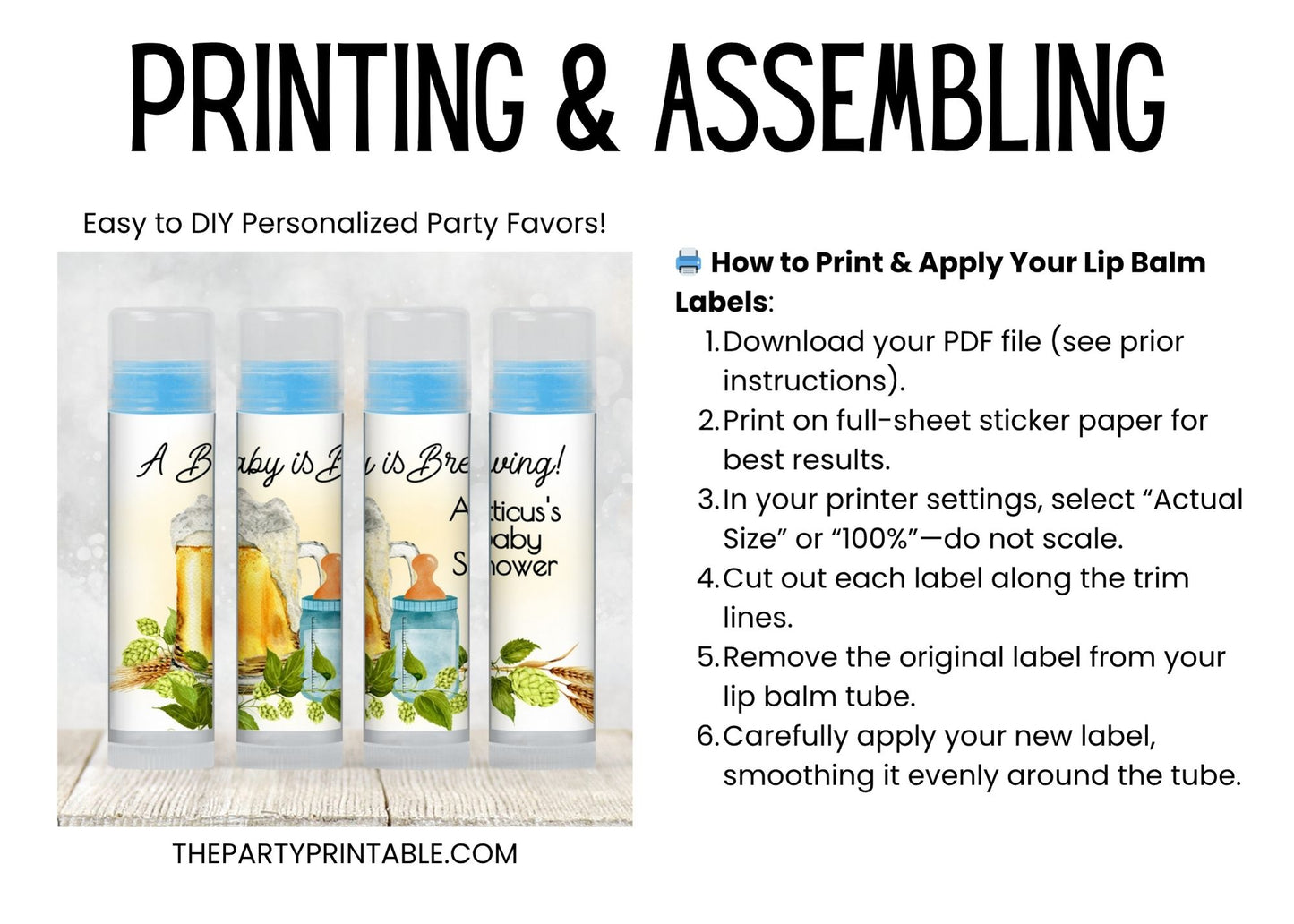 Baby Is Brewing Lip Balm Label Template: Beer Theme Boy Baby Shower Favor (Digital Download)