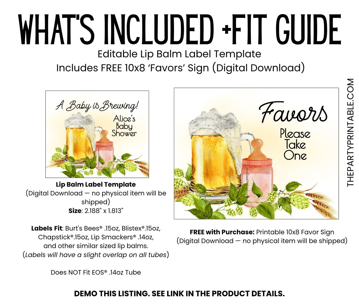 Baby Is Brewing Lip Balm Label Template: Beer Theme Girl Baby Shower Favor (Digital Download)