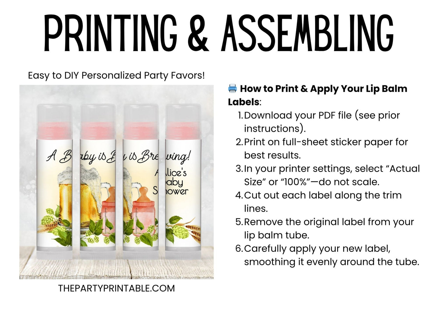 Baby Is Brewing Lip Balm Label Template: Beer Theme Girl Baby Shower Favor (Digital Download)