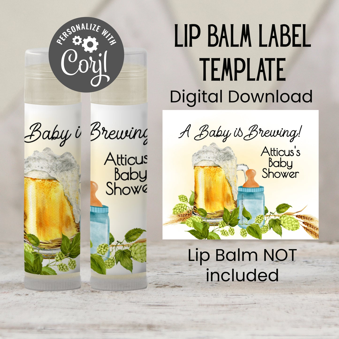 Baby Is Brewing Lip Balm Label Template: Beer Theme Boy Baby Shower Favor (Digital Download)
