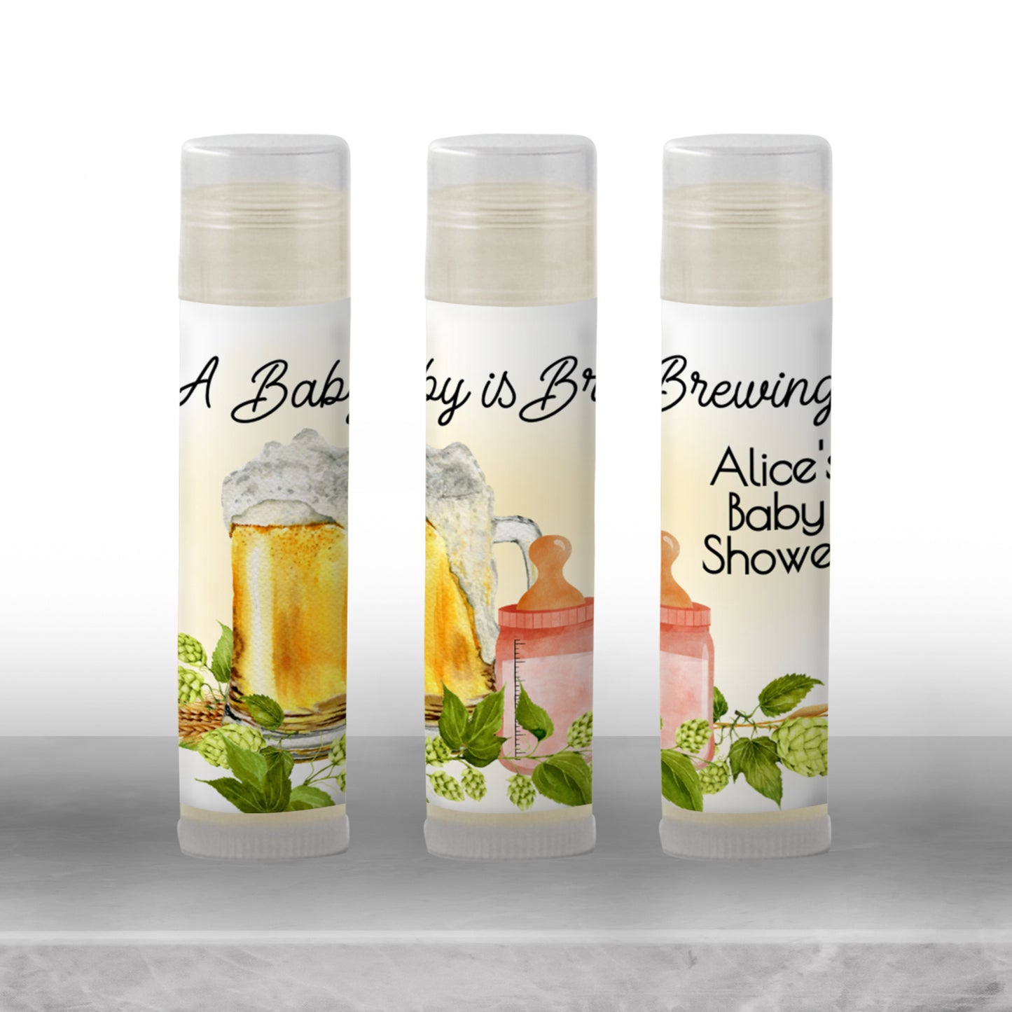 Baby Is Brewing Baby Shower Lip Balm Favors: Beer Theme Girl Party Guest Gift
