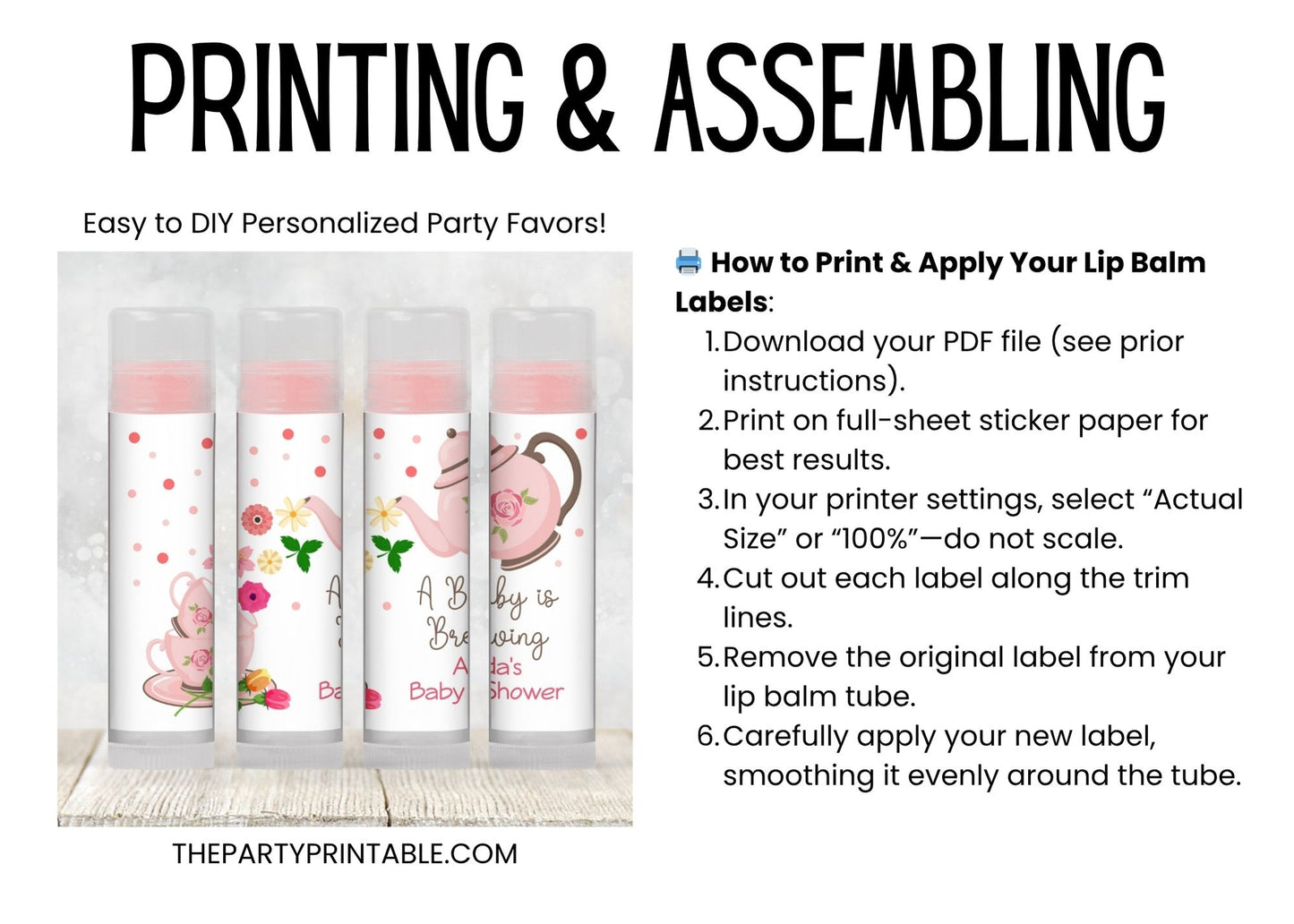 Tea Party Baby Shower Lip Balm Label Template: A Baby Is Brewing Favor (Digital Download)