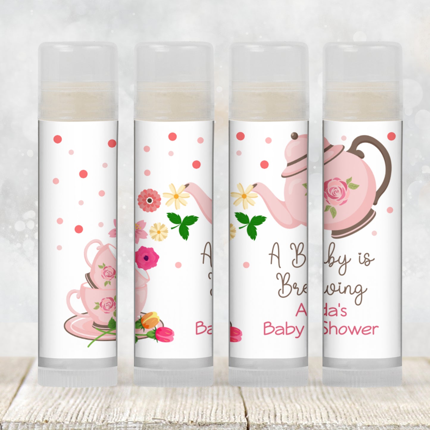 Tea Party Baby Shower Lip Balm Favors: A Baby is Brewing Brunch Guest Gift
