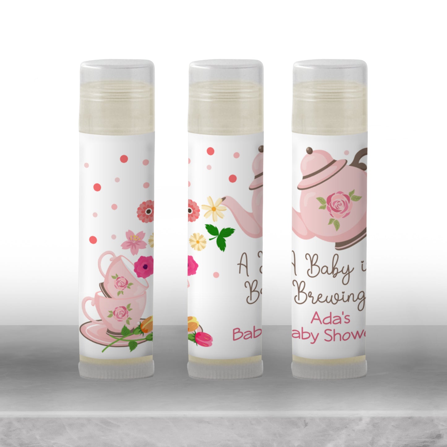 Tea Party Baby Shower Lip Balm Favors: A Baby is Brewing Brunch Guest Gift