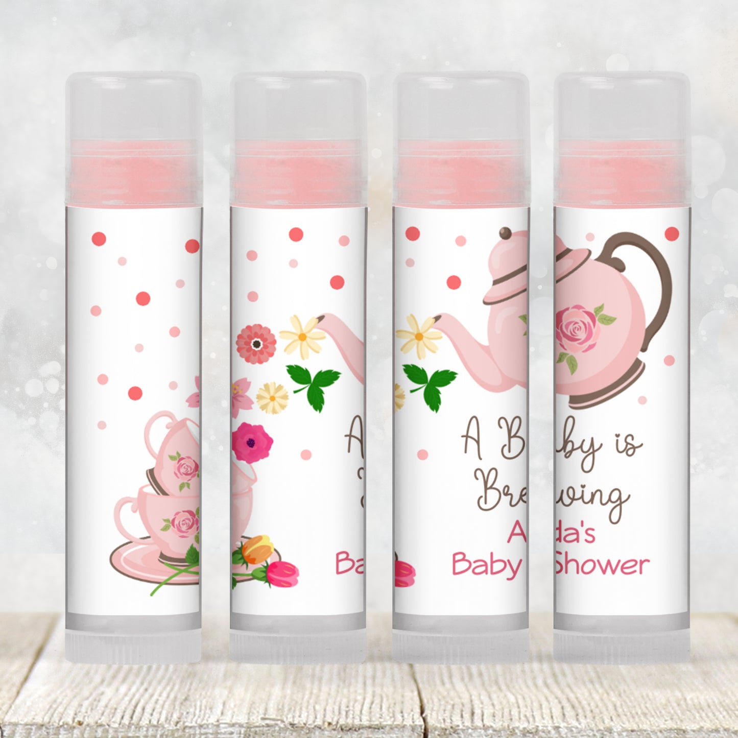 Tea Party Baby Shower Lip Balm Label Template: A Baby Is Brewing Favor (Digital Download)
