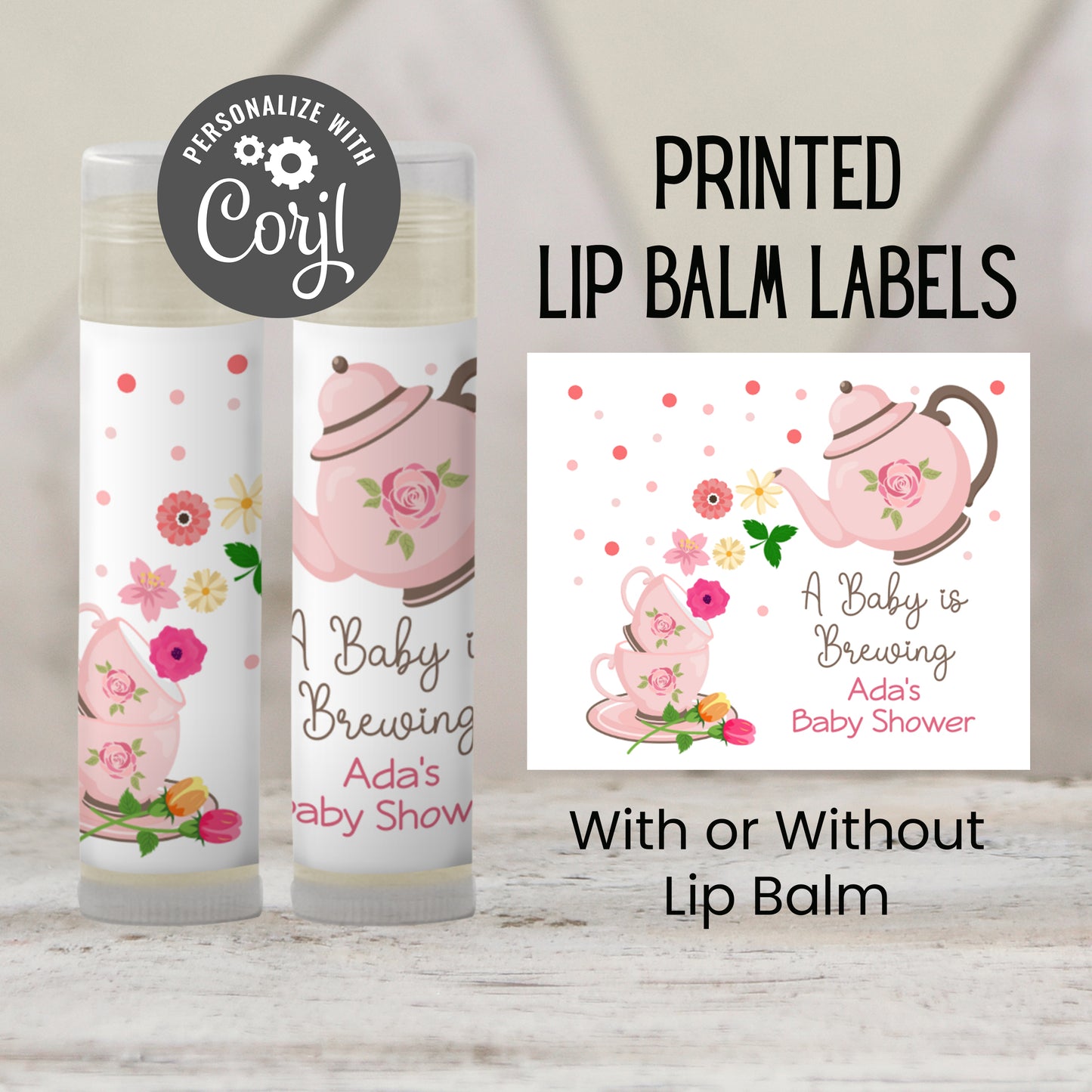 Tea Party Baby Shower Lip Balm Favors: A Baby is Brewing Brunch Guest Gift