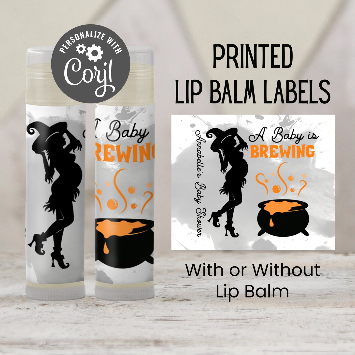 Baby Is Brewing Baby Shower Favors Lip Balm | PRINTED Halloween Witch Cauldron Labels or Lip Balm | October Baby Girl Fall Party Favors 4038
