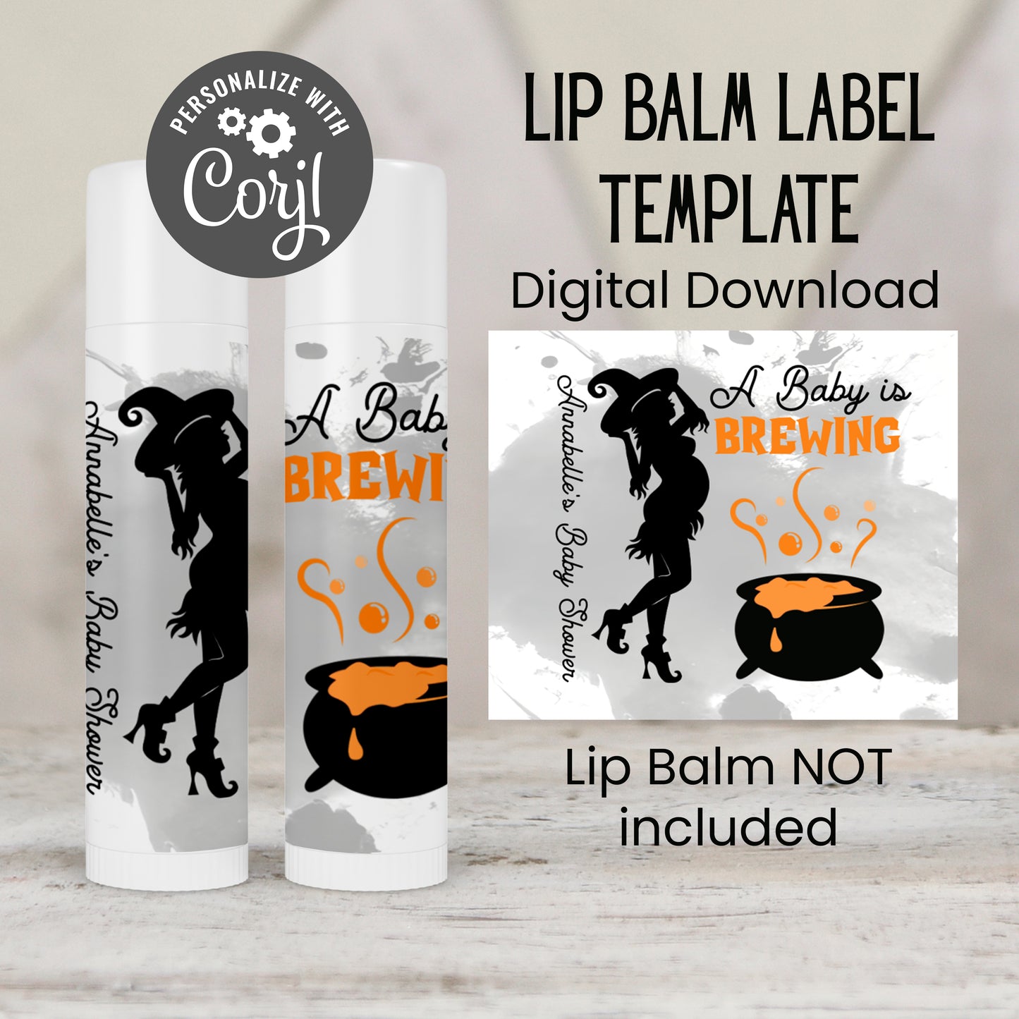 Baby Is Brewing Baby Shower Favors Lip Balm Label TEMPLATE | Halloween Witch Cauldron Theme | Orange October Baby Shower Printable 4038