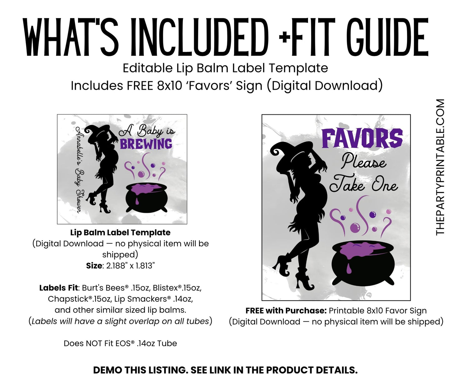 Baby Is Brewing Baby Shower Favors Lip Balm Label TEMPLATE | Purple Halloween Witch Theme | Spooky Baby Printable Chapstick Stickers 4038