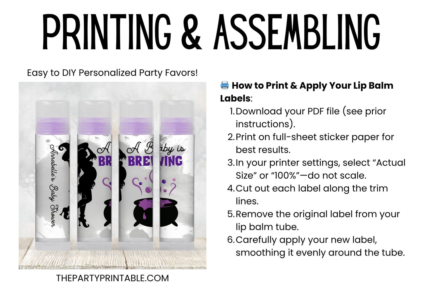 Baby Is Brewing Baby Shower Favors Lip Balm Label TEMPLATE | Purple Halloween Witch Theme | Spooky Baby Printable Chapstick Stickers 4038