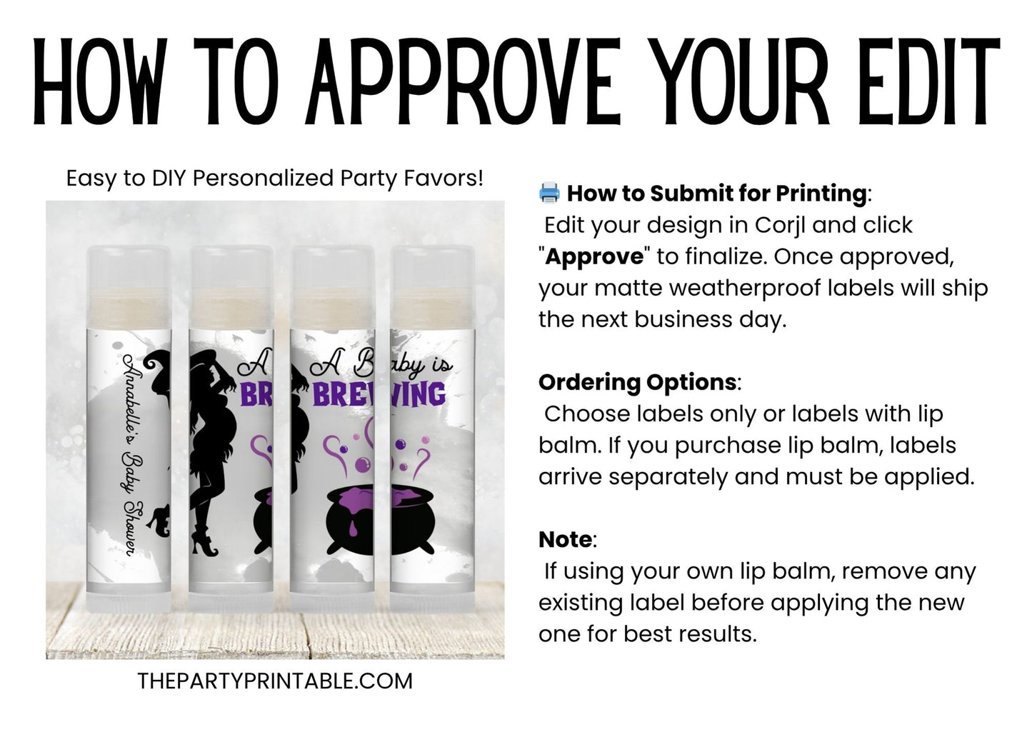Baby Is Brewing Baby Shower Favors Lip Balm | PRINTED Purple Halloween Witch Labels or Lip Balm Favors | Spooky October Baby Girl Party 4038