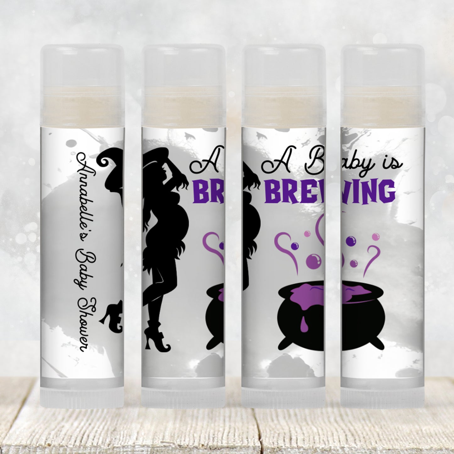 Baby Is Brewing Baby Shower Favors Lip Balm | PRINTED Purple Halloween Witch Labels or Lip Balm Favors | Spooky October Baby Girl Party 4038