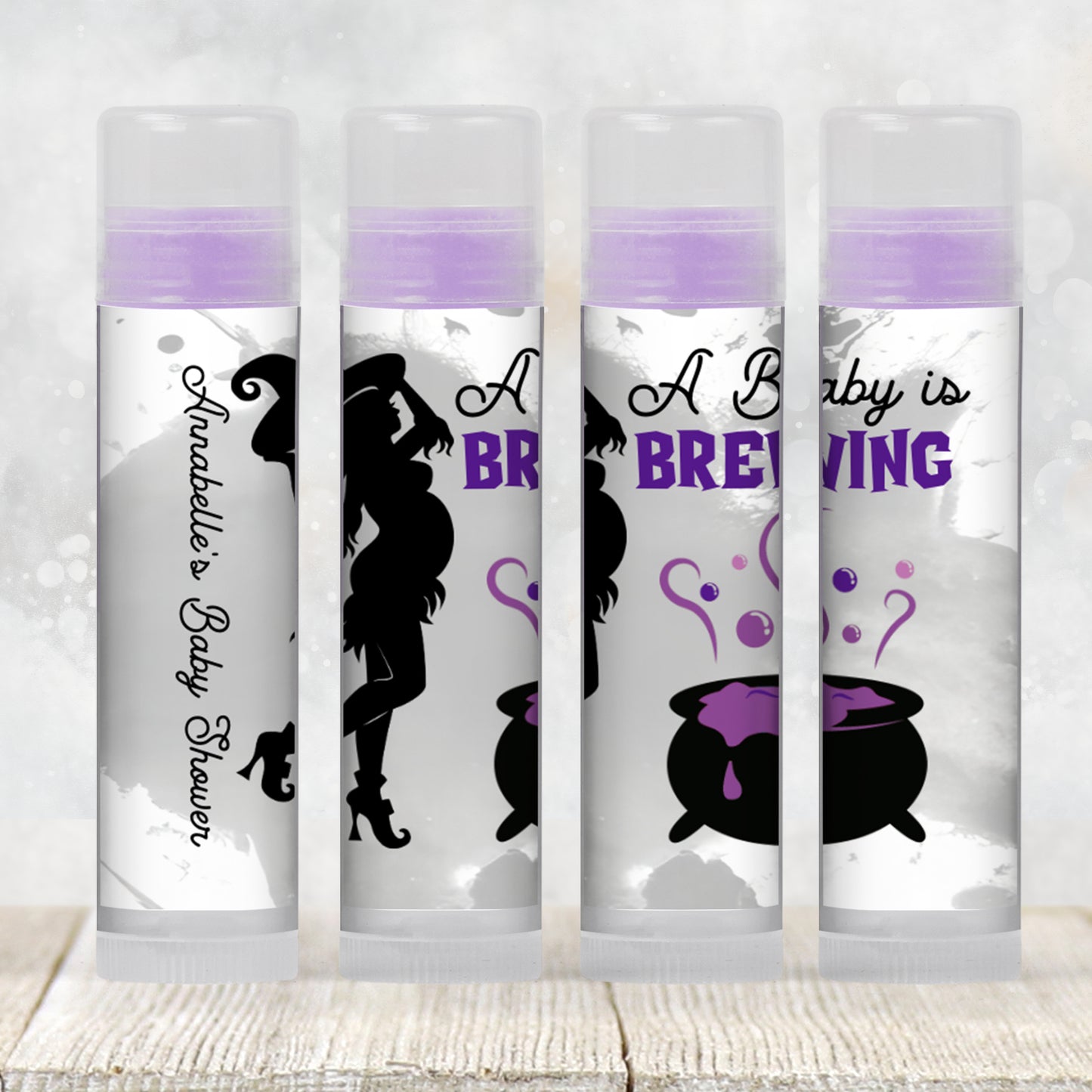 Baby Is Brewing Baby Shower Favors Lip Balm Label TEMPLATE | Purple Halloween Witch Theme | Spooky Baby Printable Chapstick Stickers 4038