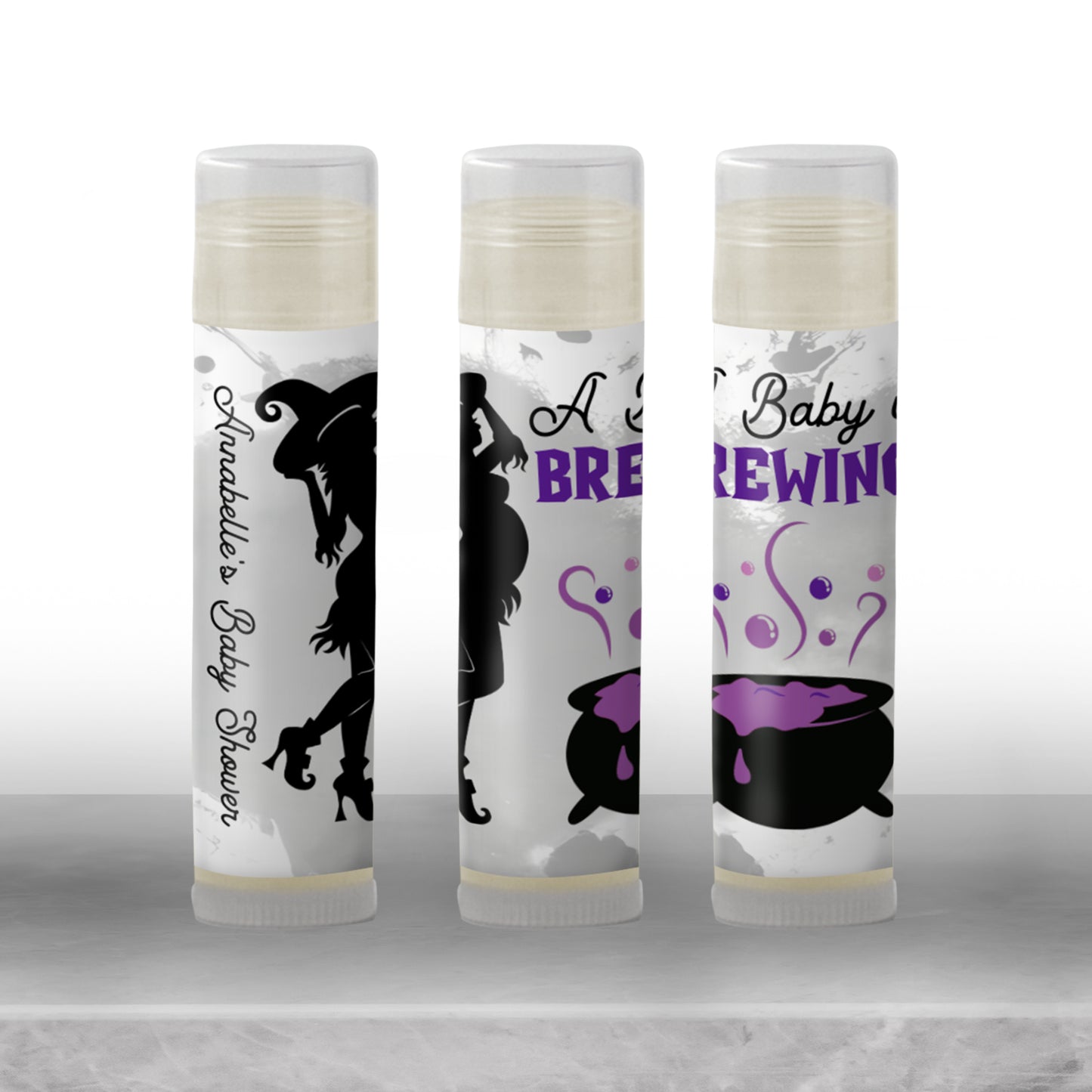 Baby Is Brewing Baby Shower Favors Lip Balm Label TEMPLATE | Purple Halloween Witch Theme | Spooky Baby Printable Chapstick Stickers 4038