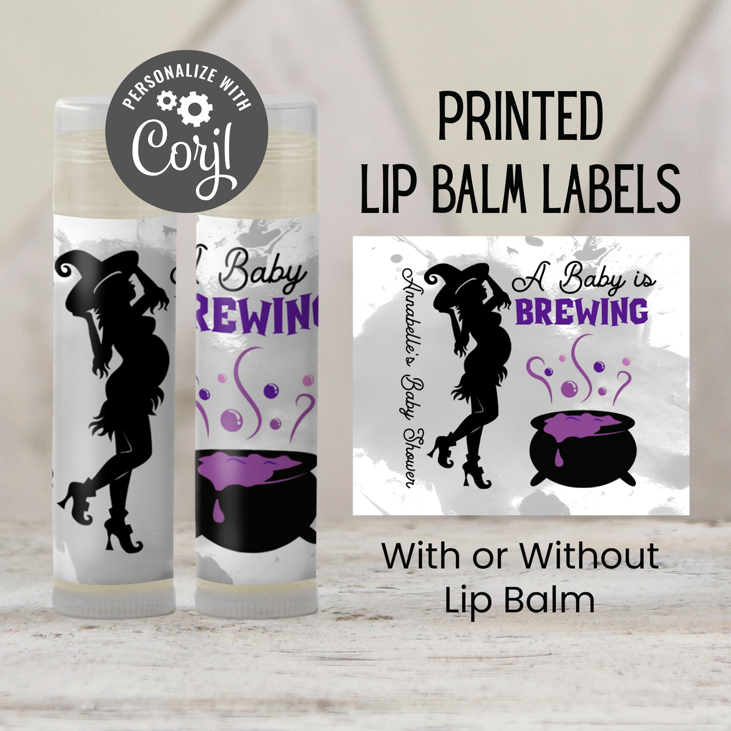 Baby Is Brewing Baby Shower Favors Lip Balm | PRINTED Purple Halloween Witch Labels or Lip Balm Favors | Spooky October Baby Girl Party 4038