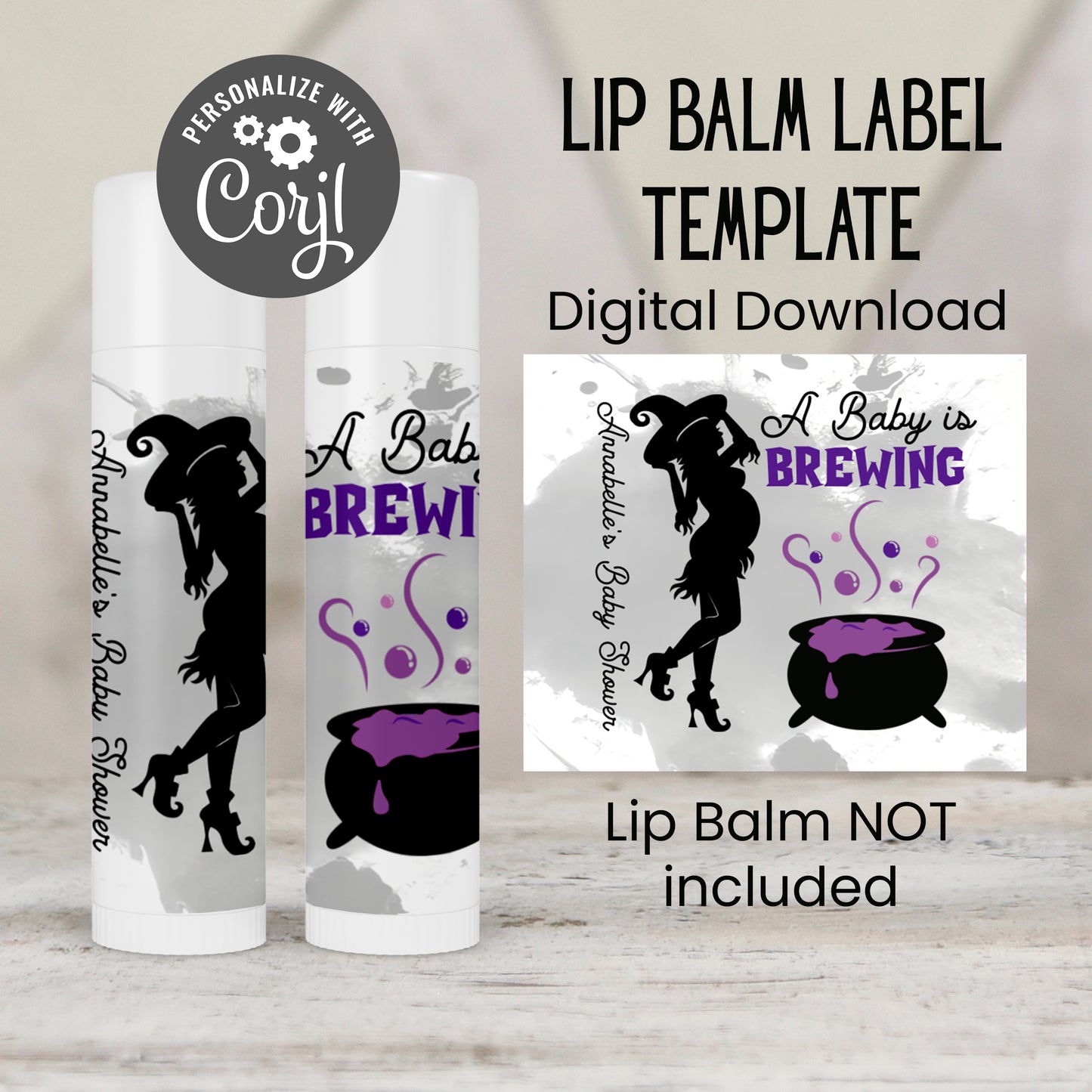 Baby Is Brewing Baby Shower Favors Lip Balm Label TEMPLATE | Purple Halloween Witch Theme | Spooky Baby Printable Chapstick Stickers 4038