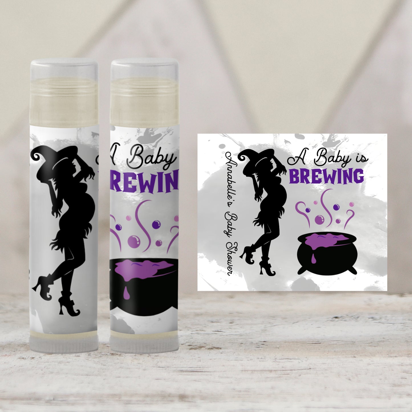 Baby Is Brewing Baby Shower Favors Lip Balm Label TEMPLATE | Purple Halloween Witch Theme | Spooky Baby Printable Chapstick Stickers 4038